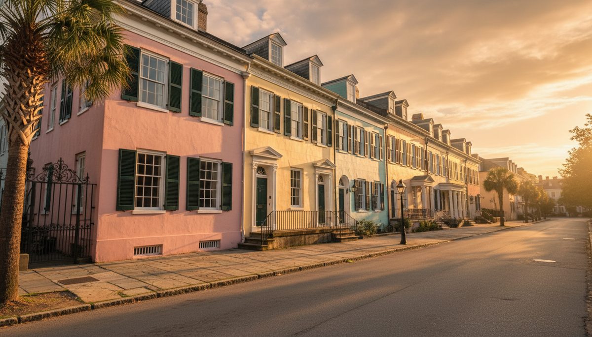 A row of pastel-painted historic Charleston townhouses at golden hour, with palmetto trees and a wrought-iron gate.