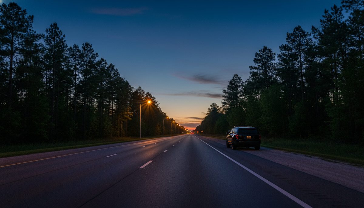A Southern interstate at dusk with a state trooper SUV silhouette on the shoulder, lined by tall pine trees.