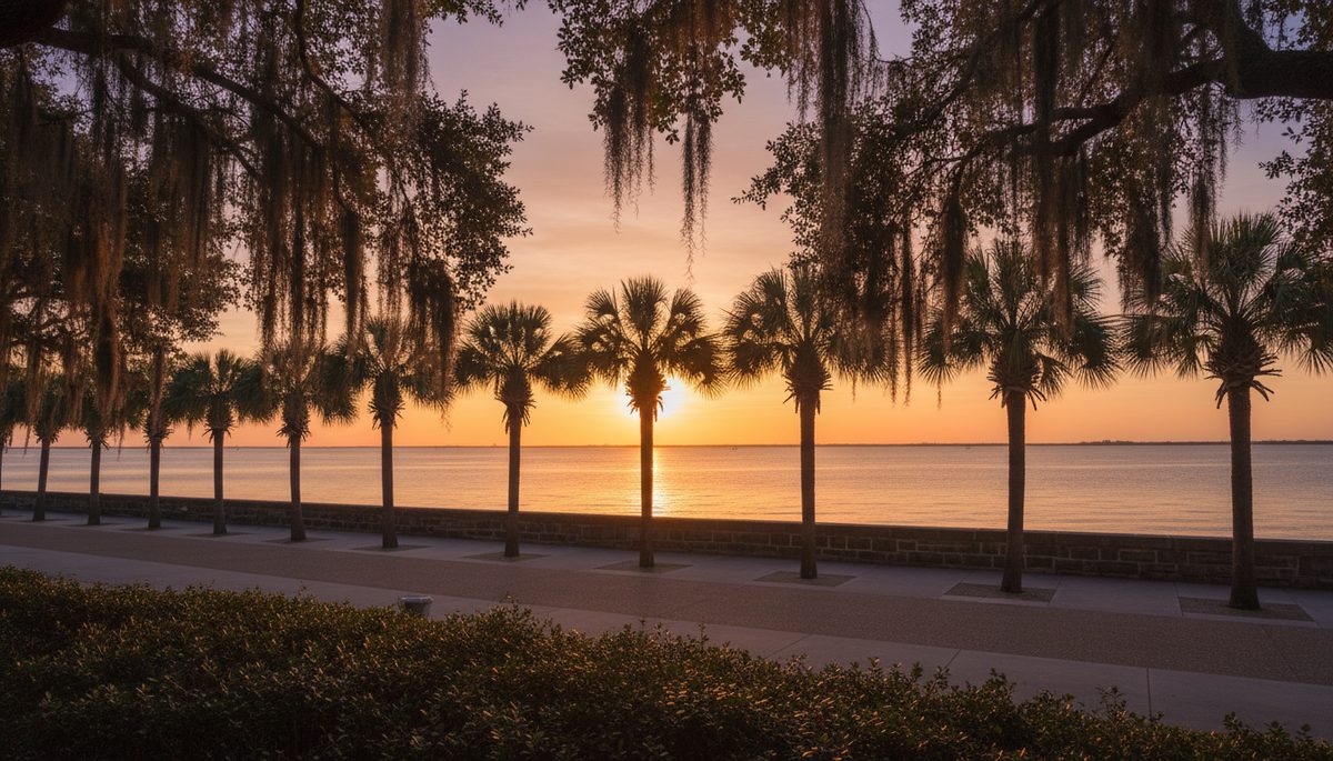 Charleston Battery promenade at sunset with palmetto trees in silhouette along the seawall and harbor beyond.